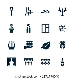 Decorative icon. collection of 16 decorative filled icons such as tree, gift, street lamp, spa, candlestick, leaf, lipstick. editable decorative icons for web and mobile.