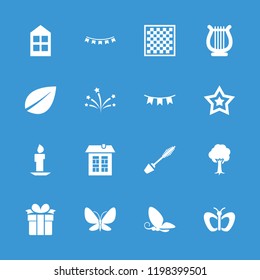 Decorative icon. collection of 16 decorative filled icons such as window, butterfly, mascara, leaf, tree, party flag, star. editable decorative icons for web and mobile.