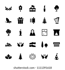 Decorative icon. collection of 25 decorative filled icons such as wings, lipstick, slippers, candle, window, spu, christmas tree. editable decorative icons for web and mobile.