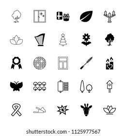 Decorative icon. collection of 25 decorative filled and outline icons such as leaf, gift, flower, candle heart, ribbon. editable decorative icons for web and mobile.