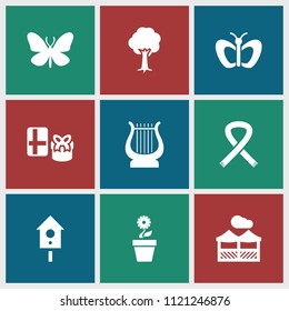 Decorative icon. collection of 9 decorative filled icons such as butterfly, gift, tree, pergola, flower pot, nesting house, harp. editable decorative icons for web and mobile.