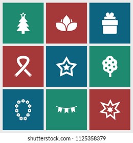Decorative icon. collection of 9 decorative filled icons such as tree, christmas tree, party flag, fireworks, star, gift, flower. editable decorative icons for web and mobile.