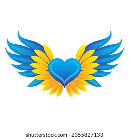 Decorative icon with heart and wings in blue and yellow color of the flag of Ukraine on a white background. Vector clipart. Symbol of freedom and independence.