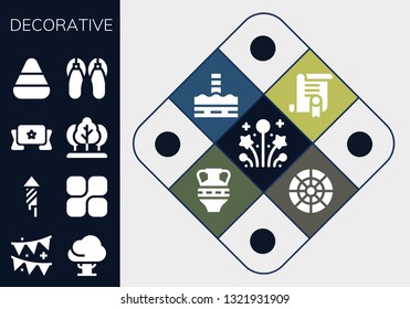 decorative icon set. 13 filled decorative icons.  Simple modern icons about  - Fireworks, Garland, Tree, Mozy, Banner, Candy corn, Sandals, Certificate, North pole, Amphora, Color wheel