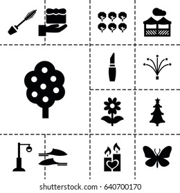 Decorative icon. set of 13 filled decorativeicons such as tree, butterfly, mascara, lipstick, slippers, flower, street lamp, candle heart, christmas tree, fireworks, pergola
