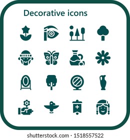 decorative icon set. 16 filled decorative icons.  Collection Of - Flower, Eyebrow pencil, Trees, Tree, Hipster, Butterfly, Olive, Mirror, Vase, Totem, Banner, Native american icons