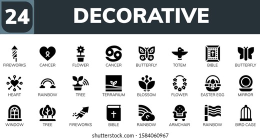decorative icon set. 24 filled decorative icons.  Simple modern icons about  - Fireworks, Cancer, Flower, Butterfly, Totem, Bible, Heart, Rainbow, Tree, Terrarium, Blossom, Easter egg
