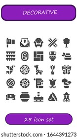 decorative icon set. 25 filled decorative icons. Included China, Certificate, Armchair, Churros, Tree, Garlands, Window, Floor, Amphora, Zen, Origami, Stained glass, Giraffe icons