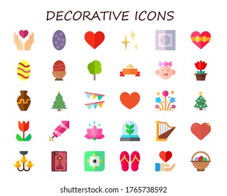 decorative icon set. 30 flat decorative icons. Included heart, easter egg, sparkles, vignette, tree, banner, baby girl, flower, vase, christmas tree, garlands, fireworks icons