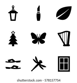 decorative icon. Set of 9 decorative filled icons such as butterfly, window, leaf, lipstick, slippers, Christmas tree, street lamp, harp