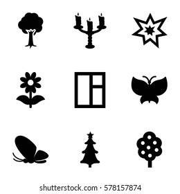 decorative icon. Set of 9 decorative filled icons such as tree, butterfly, window, flower, christmas tree, fireworks