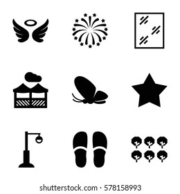 decorative icon. Set of 9 decorative filled icons such as tree, butterfly, wings, Star, window, slippers, street lamp, fireworks