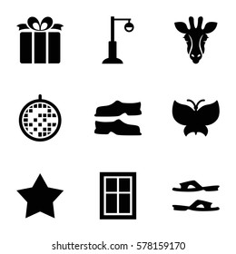 decorative icon. Set of 9 decorative filled icons such as giraffe, window, Star, slippers, street lamp, present, disco ball