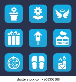 Decorative icon. set of 9 filled decorative icons such as wings, slippers, flower pot, flower, nesting house, present, candle heart, disco ball