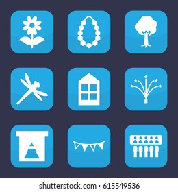 Decorative icon. set of 9 filled decorative icons such as window, flower, tree, party flag, fireworks, garland, dragonfly