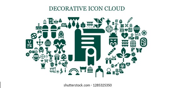  decorative icon set. 93 filled decorative icons. Simple modern icons about  - Certificate, Leaf, Garlands, Garland, Origami, Bird cage, Arch, Banner, Rainbow, Flowers, Cancer