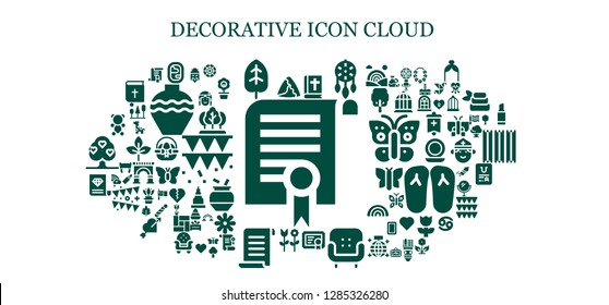  decorative icon set. 93 filled decorative icons. Simple modern icons about  - Certificate, Samosa, Window, Leaf, Bible, Ornament, Armchair, Flower, Papyrus, Gummy bear, Chinese