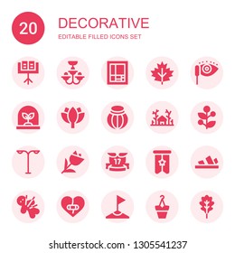 decorative icon set. Collection of 20 filled decorative icons included Music stand, Chandelier, Mondrian, Leaf, Mascara, Tree, Lotus, Pottery, Forest, Holly, Street light, Tulip