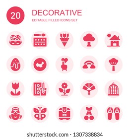 decorative icon set. Collection of 20 filled decorative icons included Eggs, Watercolor, Flowers, Tree, Kindergarden, Chocolate egg, China, Heart, Rainbow, Tulip, Flower, Paper fan