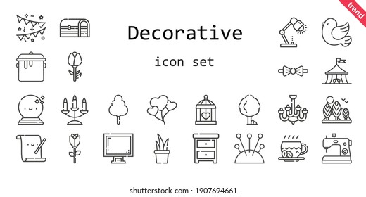 decorative icon set. line icon style. decorative related icons such as nightstand, pigeon, parchment, cotton candy, chest, chandelier, balloons, sewing machine, display, tree, lamp, garlands, ball