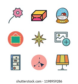 decorative icon set. vector set about snow globe, vector, closeup and shelf icons set.