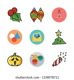 decorative icon set. vector set about confetti, bauble, pumpkin and mistletoe icons set.