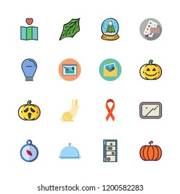 decorative icon set. vector set about snow globe, ribbon, pumpkin and rabbit icons set.
