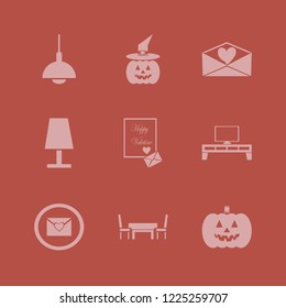 decorative icon. decorative vector icons set tv table, chandelier, pumpkin witch hat and heart envelope