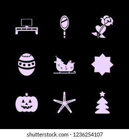 decorative icon. decorative vector icons set easter egg, sleigh with christmas tree gifts, christmas tree and tv table