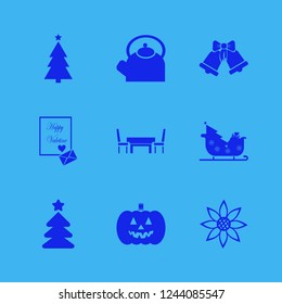 decorative icon. decorative vector icons set sunflower, sleigh with christmas tree gifts, table chairs and sleigh bells