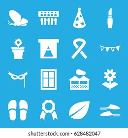 Decorative icons set. set of 16 decorative filled icons such as butterfly, window, leaf, lipstick, slippers, flower pot, flower, party flag, ribbon, party hat, mask, pergola