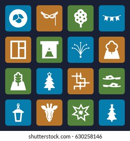 Decorative icons set. set of 16 decorative filled icons such as leaf, tree, giraffe, window, slippers, christmas tree, street lamp, party flag, christmas tree, fireworks, mask