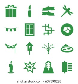 Decorative icons set. set of 16 decorative filled icons such as leaf, window, lipstick, slippers, pond, nesting house, present, party flag, fireworks, mask, tree, dragonfly