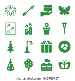Decorative icons set. set of 16 decorative filled icons such as leaf, tree, butterfly, mascara, window, flower pot, street lamp, present, candle heart, christmas tree