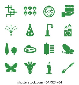 Decorative icons set. set of 16 decorative filled icons such as tree, giraffe, butterfly, mascara, street lamp, pond, candle heart, fireworks, party hat, disco ball, gift