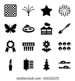 Decorative icons set. set of 16 decorative filled icons such as tree, butterfly, mascara, lipstick, star, slippers, flower, pond, ribbon, christmas tree, fireworks, pergola
