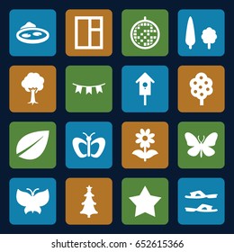 Decorative icons set. set of 16 decorative filled icons such as tree, butterfly, leaf, star, window, slippers, flower, pond, nesting house, party flag, christmas tree