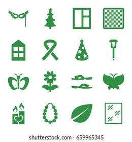Decorative icons set. set of 16 decorative filled icons such as window, butterfly, leaf, slippers, flower, street lamp, candle heart, christmas tree, party hat, mask, garland