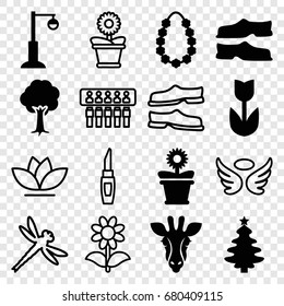 Decorative icons set. set of 16 decorative filled and outline icons such as giraffe, slippers, flower pot, tree, street lamp, garland, wings, lipstick, flower, dragonfly