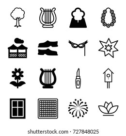 Decorative icons set. set of 16 decorative filled and outline icons such as window, slippers, flower, harp, fireworks, mask, tree, pergola, lipstick, nesting house, garland
