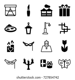 Decorative icons set. set of 16 decorative filled and outline icons such as lipstick, street lamp, pond, present, candle heart, mask, candlestick, pergola, tree, butterfly