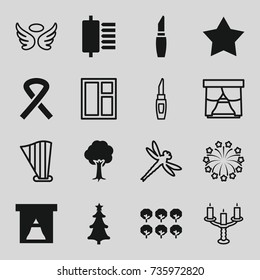 Decorative icons set. set of 16 decorative filled and outline icons such as tree, lipstick, star, christmas tree, ribbon, wings, window, harp, fireworks, candlestick