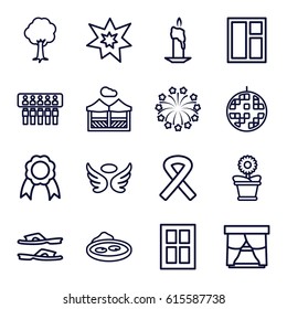 Decorative icons set. set of 16 decorative outline icons such as window, wings, slippers, flower pot, tree, pond, ribbon, fireworks, disco ball, pergola, candle