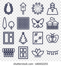 Decorative icons set. set of 16 decorative outline icons such as butterfly, window, flower, nesting house, party flag, fireworks, garland, tree, pergola, christmas tree, spu