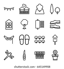 Decorative icons set. set of 16 decorative outline icons such as tree, window, lipstick, slippers, flower pot, nesting house, party flag, mask, pergola, dragonfly