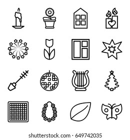 Decorative icons set. set of 16 decorative outline icons such as window, mascara, leaf, flower pot, candle heart, harp, fireworks, disco ball, garland, butterfly, flower