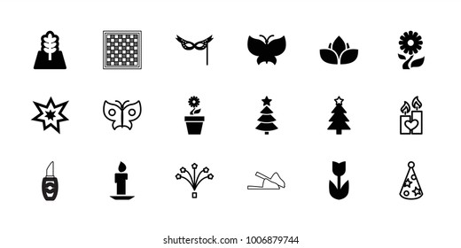 Decorative icons. set of 18 editable filled and outline decorative icons: flower, christmas tree, fireworks, mask, tree, butterfly, candle heart, party hat, lipstick, slippers