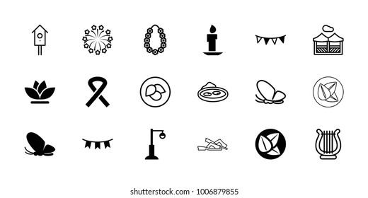 Decorative icons. set of 18 editable filled and outline decorative icons: butterfly, flower, street lamp, party flag, ribbon, leaf, pond, nesting house, harp, fireworks