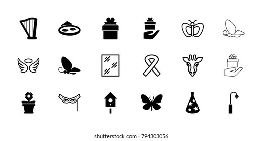 Decorative icons. set of 18 editable filled and outline decorative icons: butterfly, flower pot, pond, harp, party hat, giraffe, wings, window, mask, ribbon, gift, street lamp