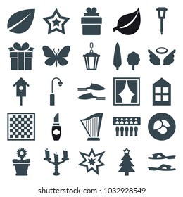 Decorative icons. set of 25 editable filled decorative icons such as leaf, butterfly, window, slippers, christmas tree, flower pot, street lamp, nesting house, spu, fireworks